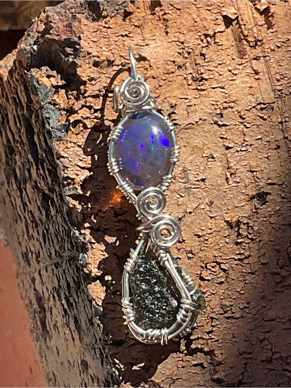 Black Opal and Moldavite .925 Silver Pendant